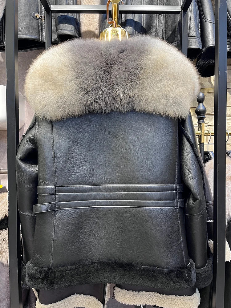 Real Fox Fur Collar Natural Merino Sheep Fur Genuine Leather Jacket