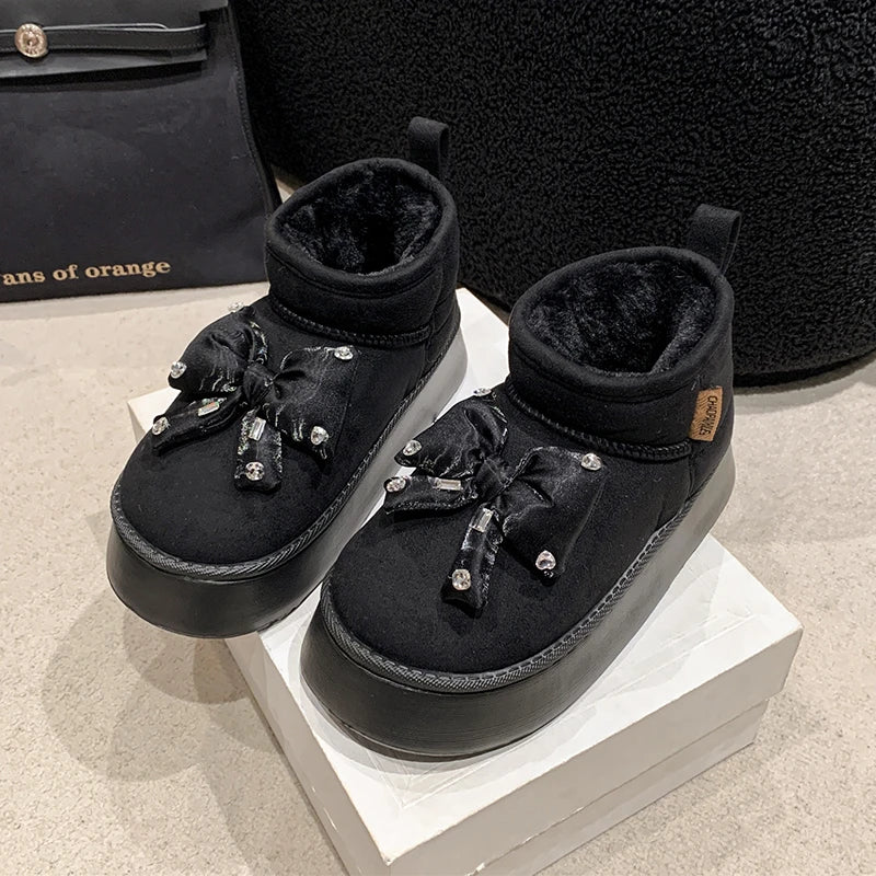 Diamond-Studded Butterfly-Knot Thicken Plush Ankle Boots