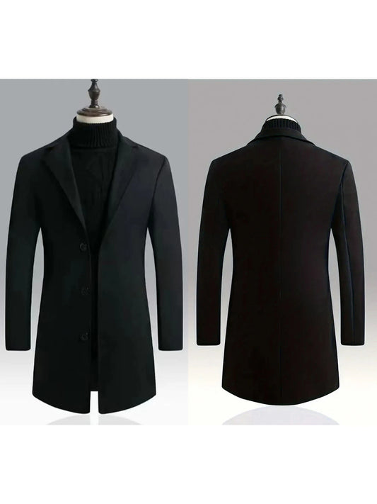 Wool Blend Pea Coat with Lapel Collar and Single Button Closure