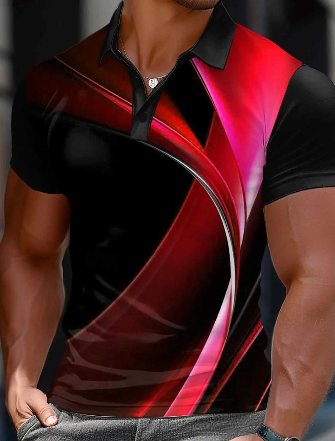 3d Colorful Line Print Short Sleeve Polo Shirt