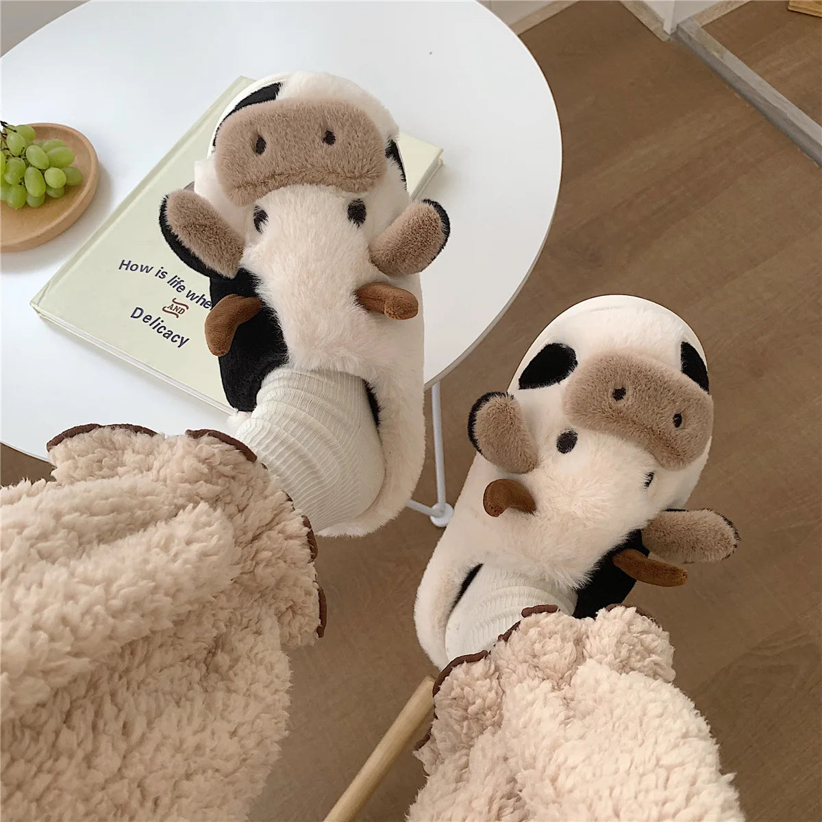 Warm Cow Furry Slippers Plush Lined