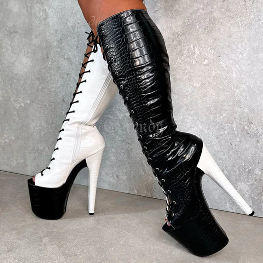 Black White Fine Check Leather Knee Boots