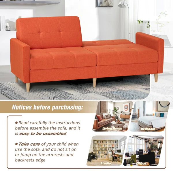 Modern Orange Linen Fabric Sofa Bed with Adjustable Backrest