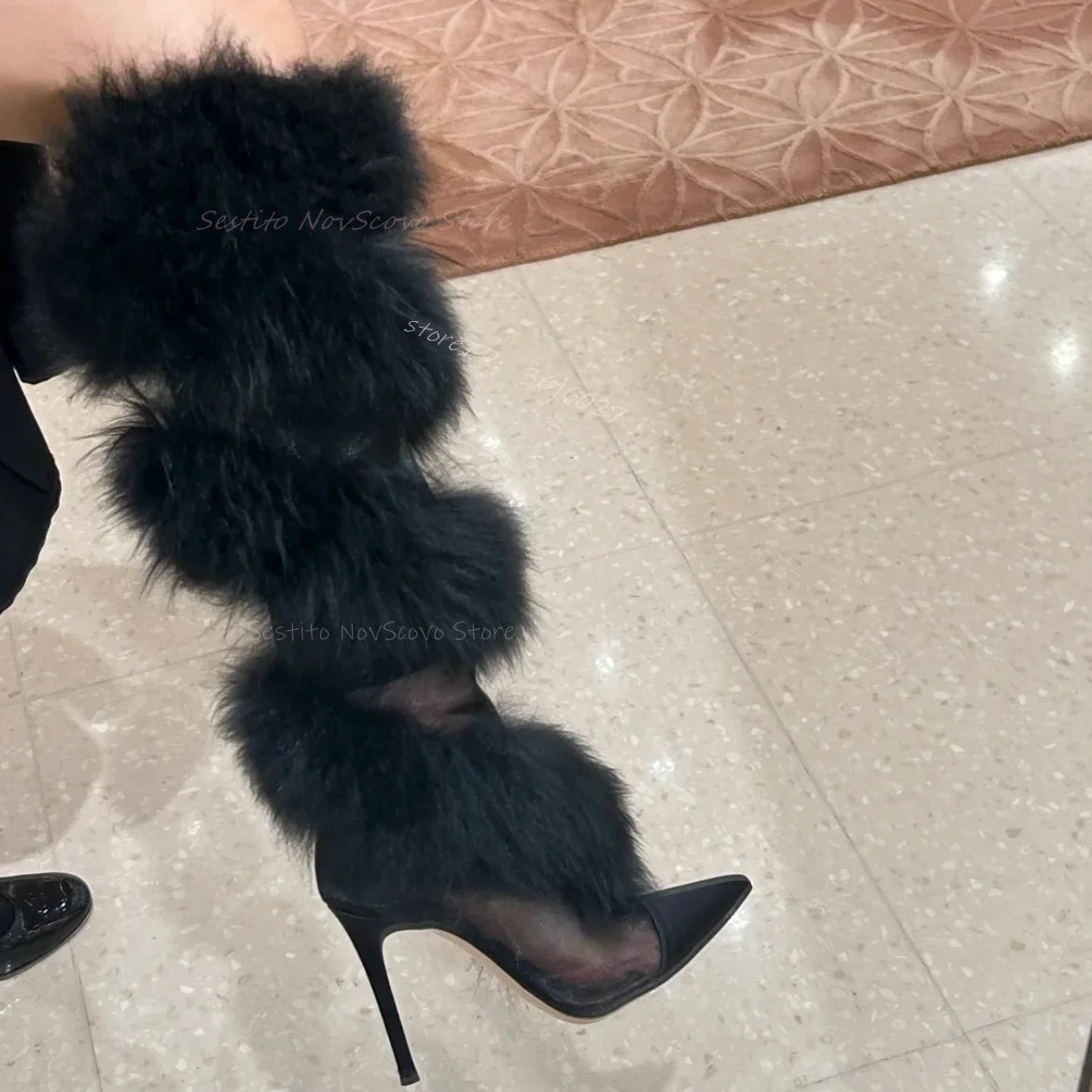 Pointed Toe Mesh Furry Wrapped Knee High Stiletto Heels