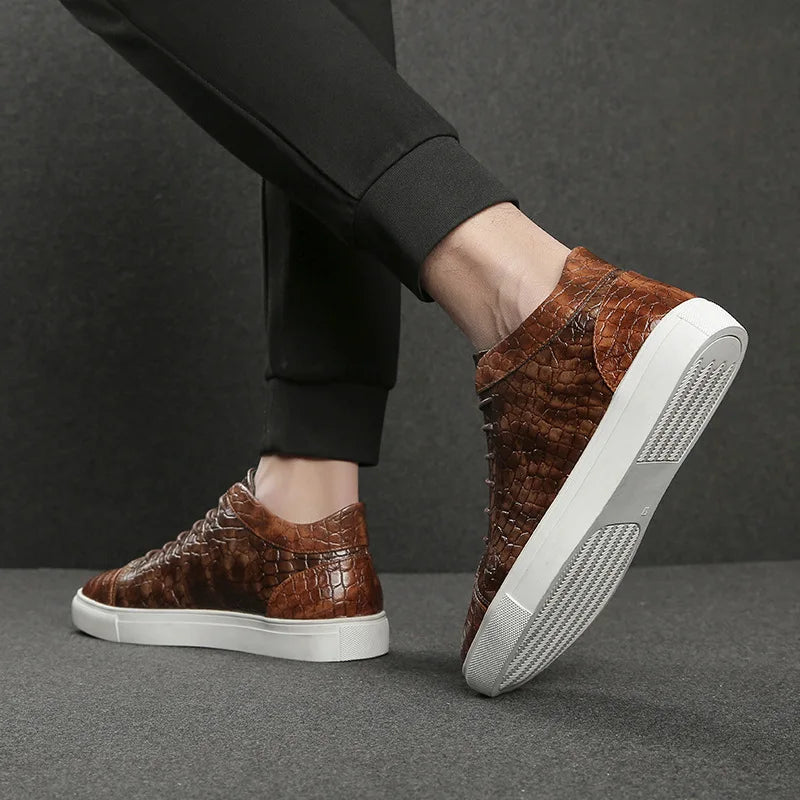 Luxury Retro Brown High Top Lace-up Crocodile Leather Sneakers