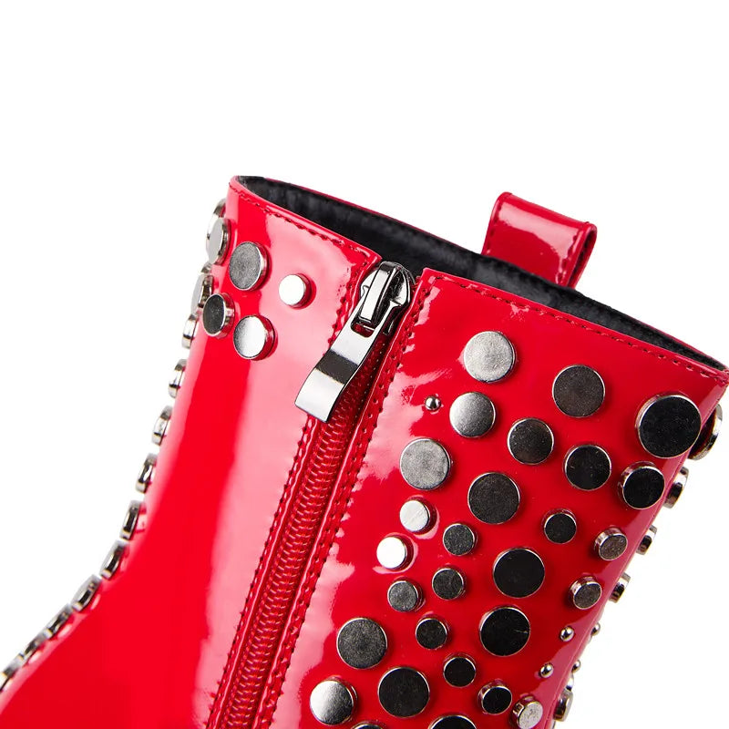 Fashion Rivet Pointed Toe Zipper-Side Patent Leather Strange Heels Shoes