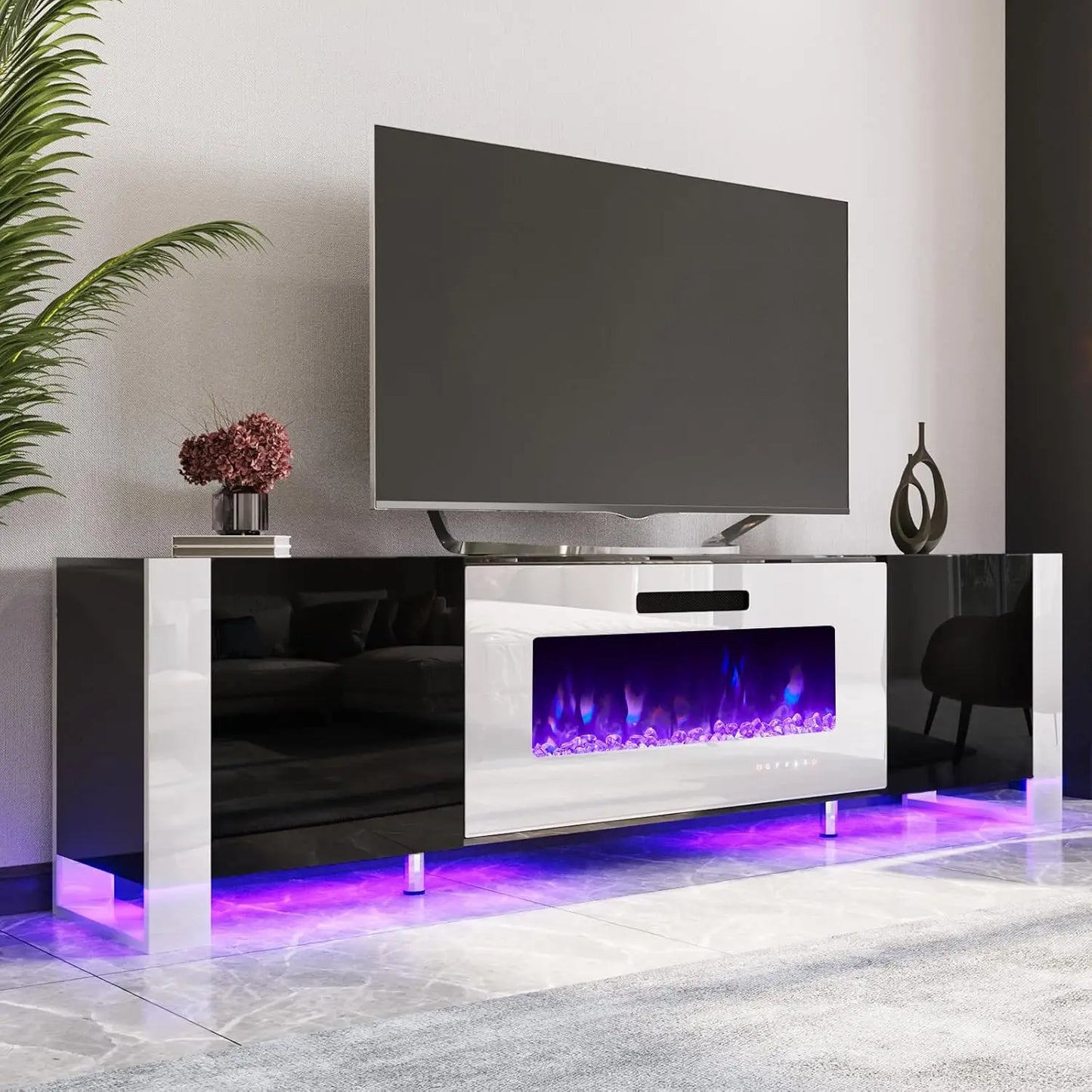 TV Stand with 40" Fireplace with High Gloss Doors & LED Lights, U-Shaped, Customized