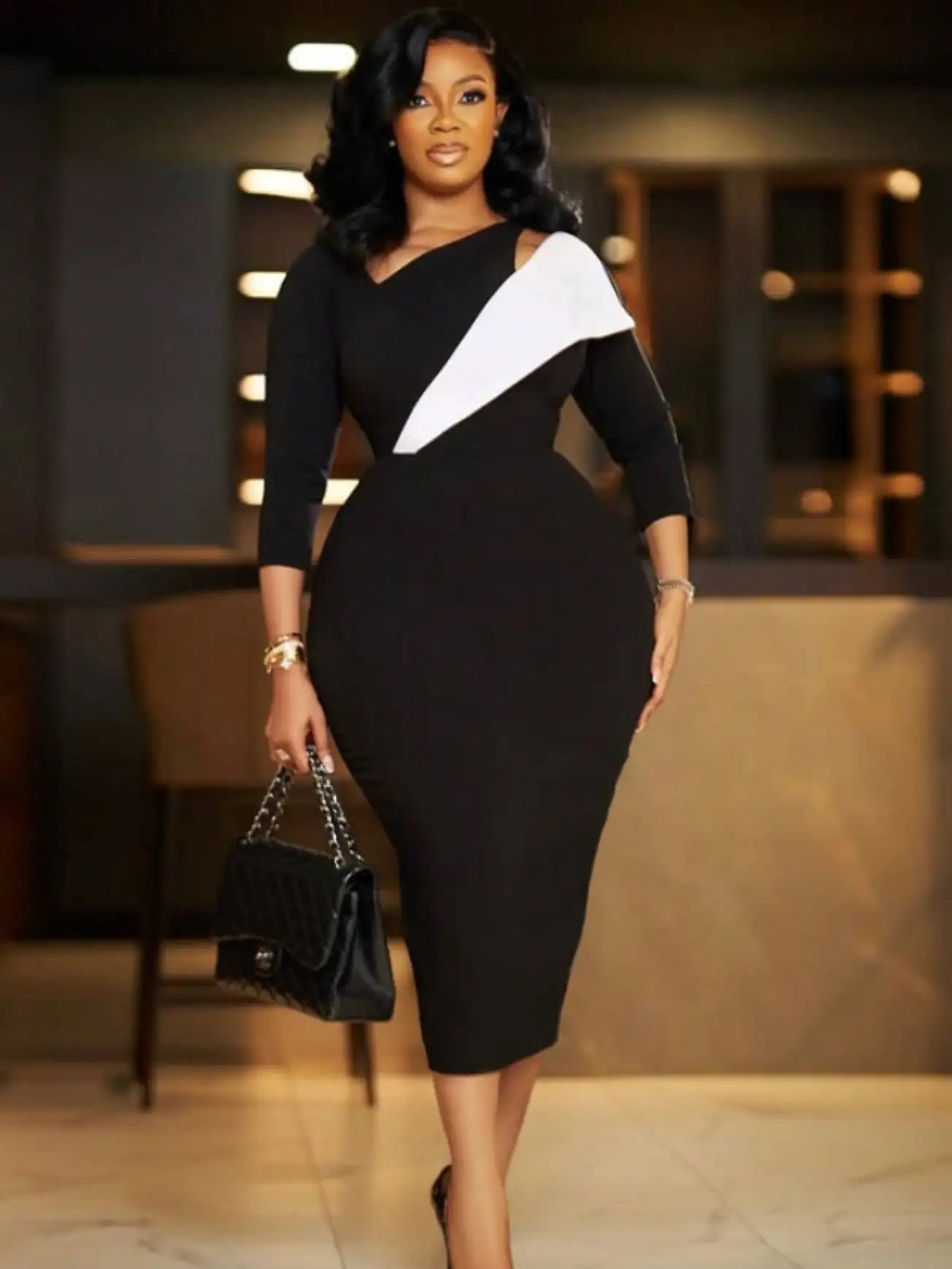 Asymmetrical Neck Black White Collar Midi Dress