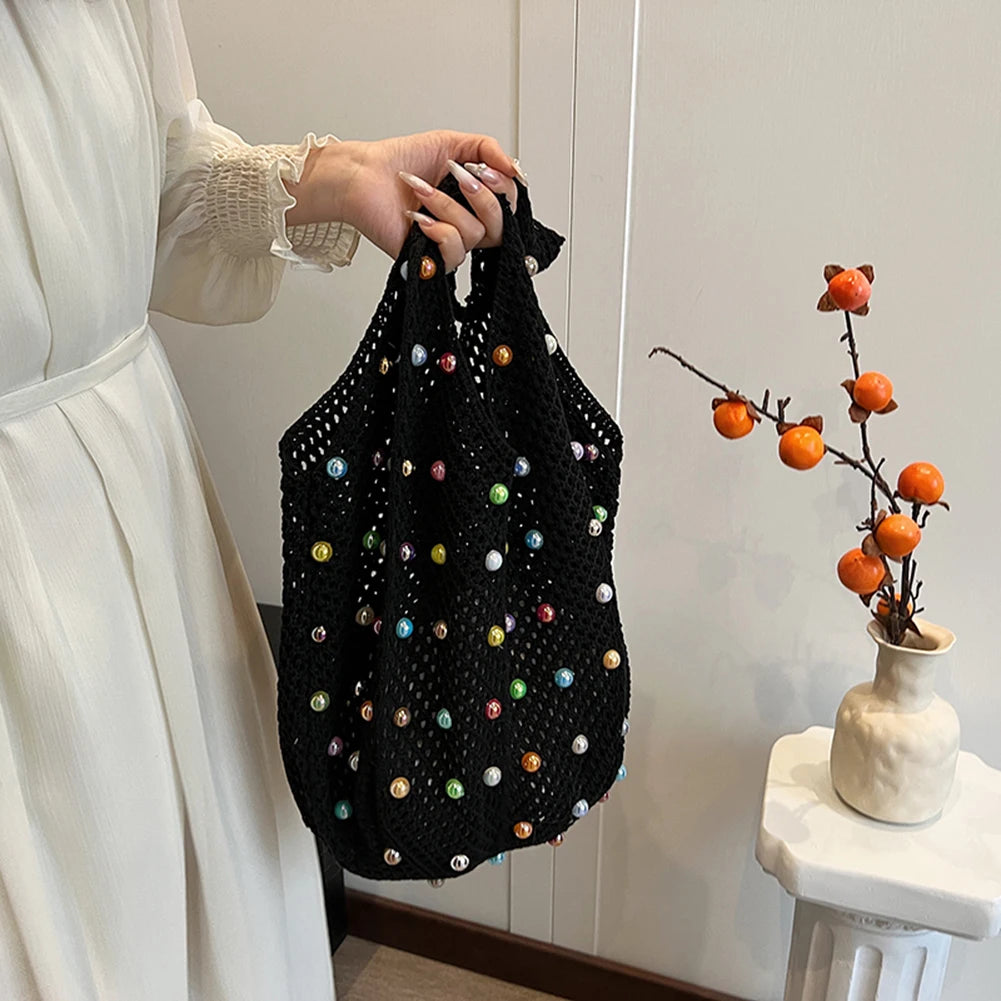 Boho Crochet Bag with Colored Beads Large Capacity