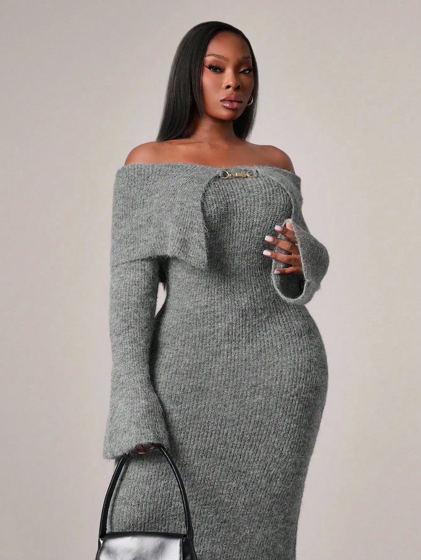 Plus Size Off-Shoulder Knit Dress with Flared Sleeves