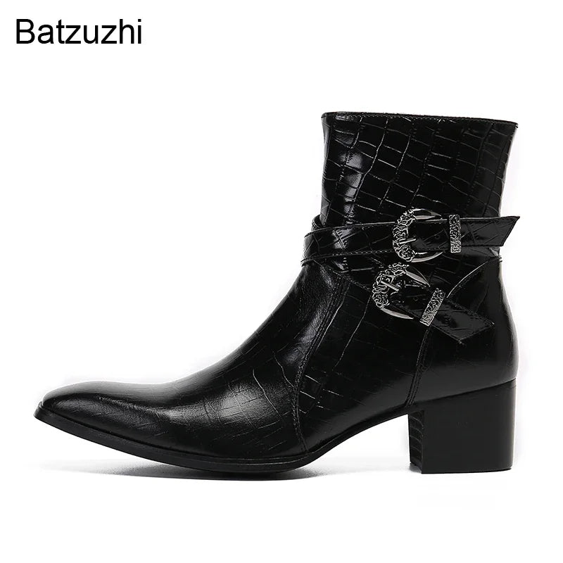 Handmade Pointed Toe Black Genuine Leather Boots with Buckles