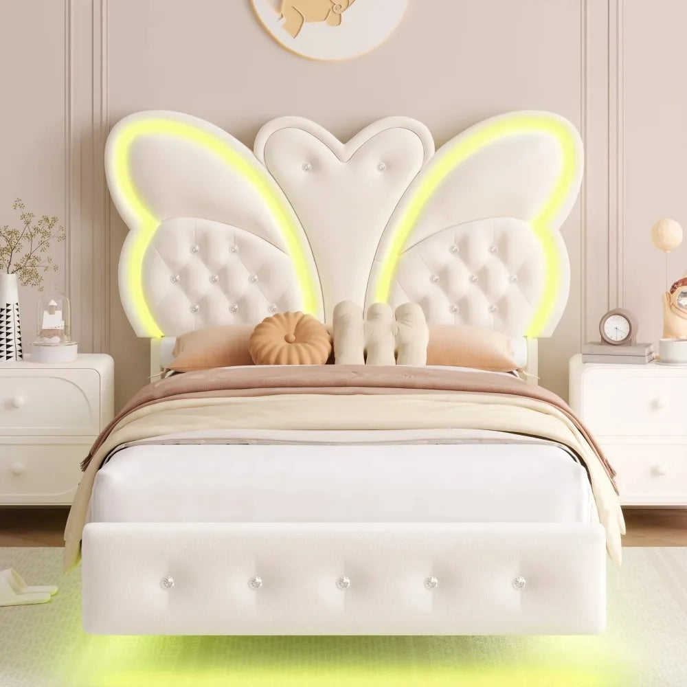 Twin Size Platform Bed Frame with Butterfly Tufted Headboard