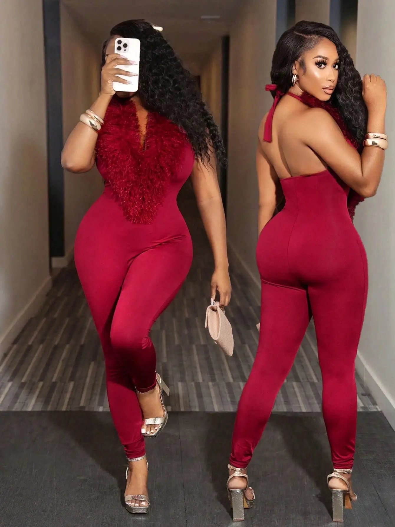Solid Color Furry Turtleneck Jumpsuit