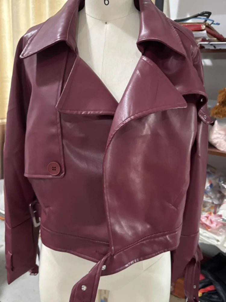 Long Sleeve Leather Jacket Vintage Turn-down Collar