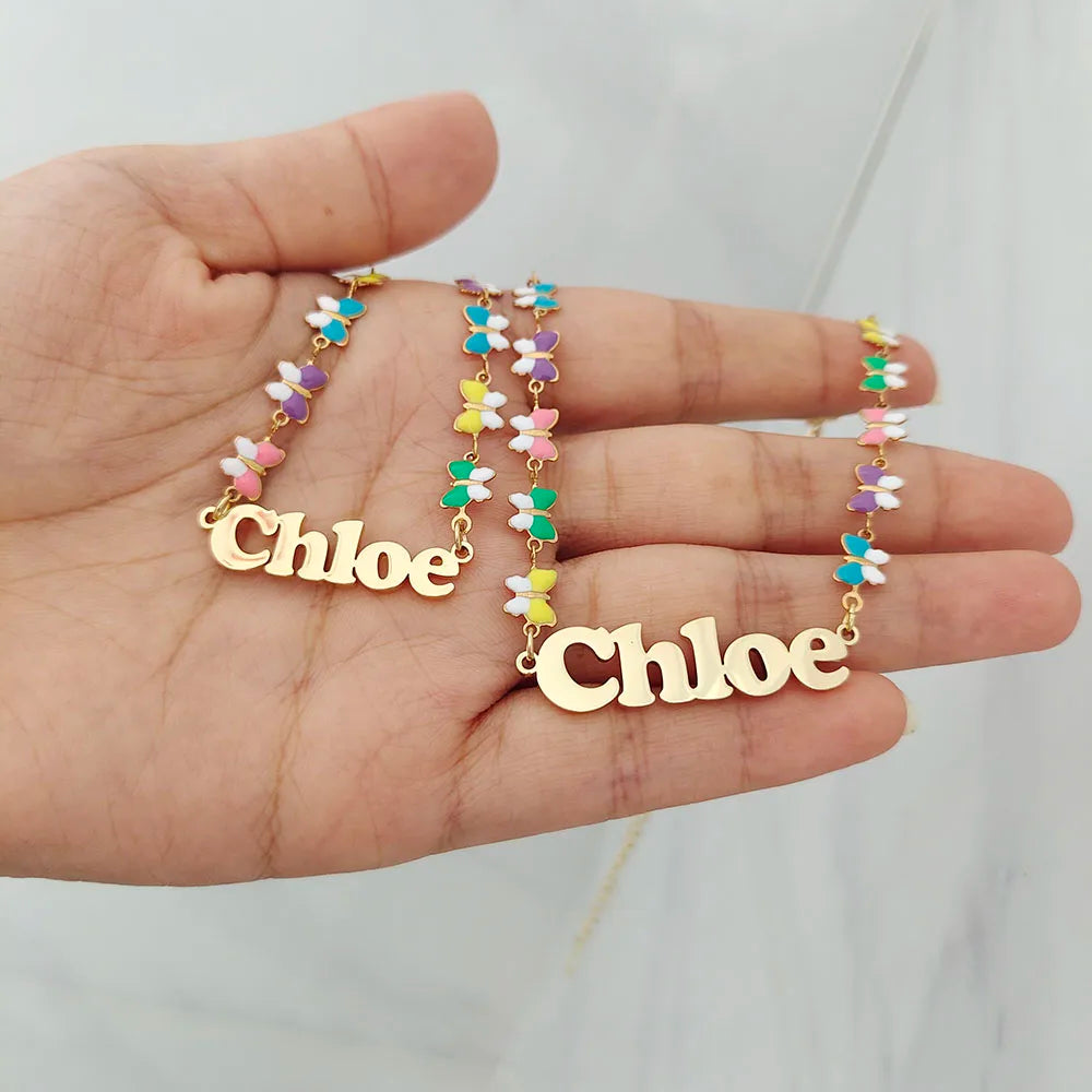 Customized Name Necklace and Bracelet Colorful Butterfly for Children