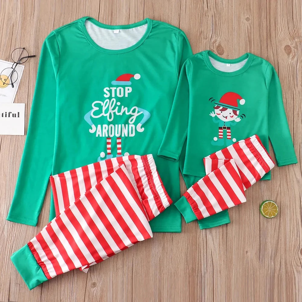 Family Christmas Pajamas Set Letter Striped Adult Kid Soft