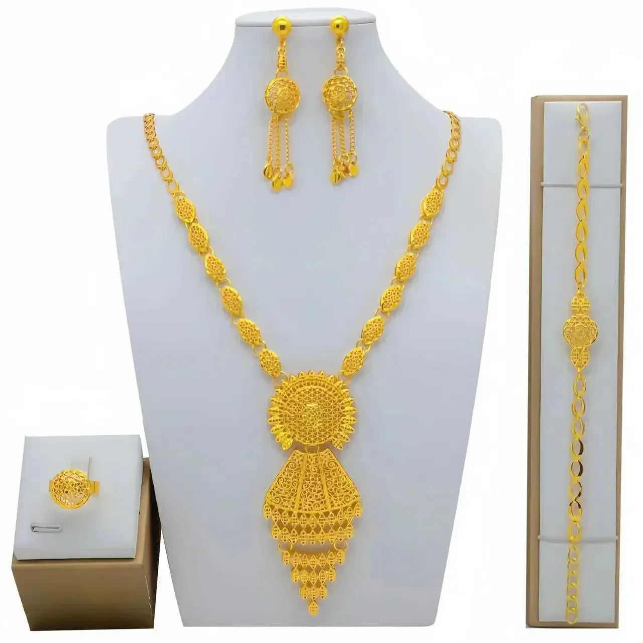 African India Long Chain Tassels Necklace Earrings Bracelet Ring Set