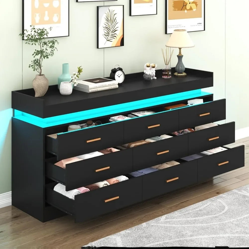 Modern Dresser 9 Drawer with LED Lights