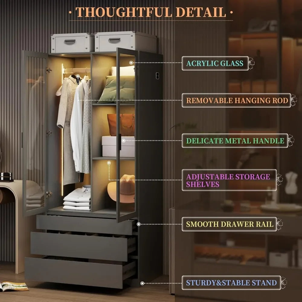 LED Armoire Wardrobe Closet Cabinet 3 Drawers Lights Adjustable Shelves Hanging Rod- 70"