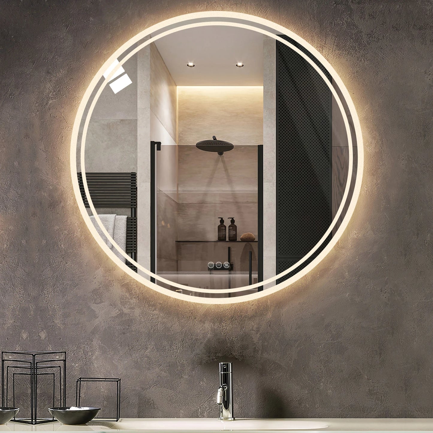 Circle Backlit Illuminated Wall Mounted Lighted Mirror Anti-Fog