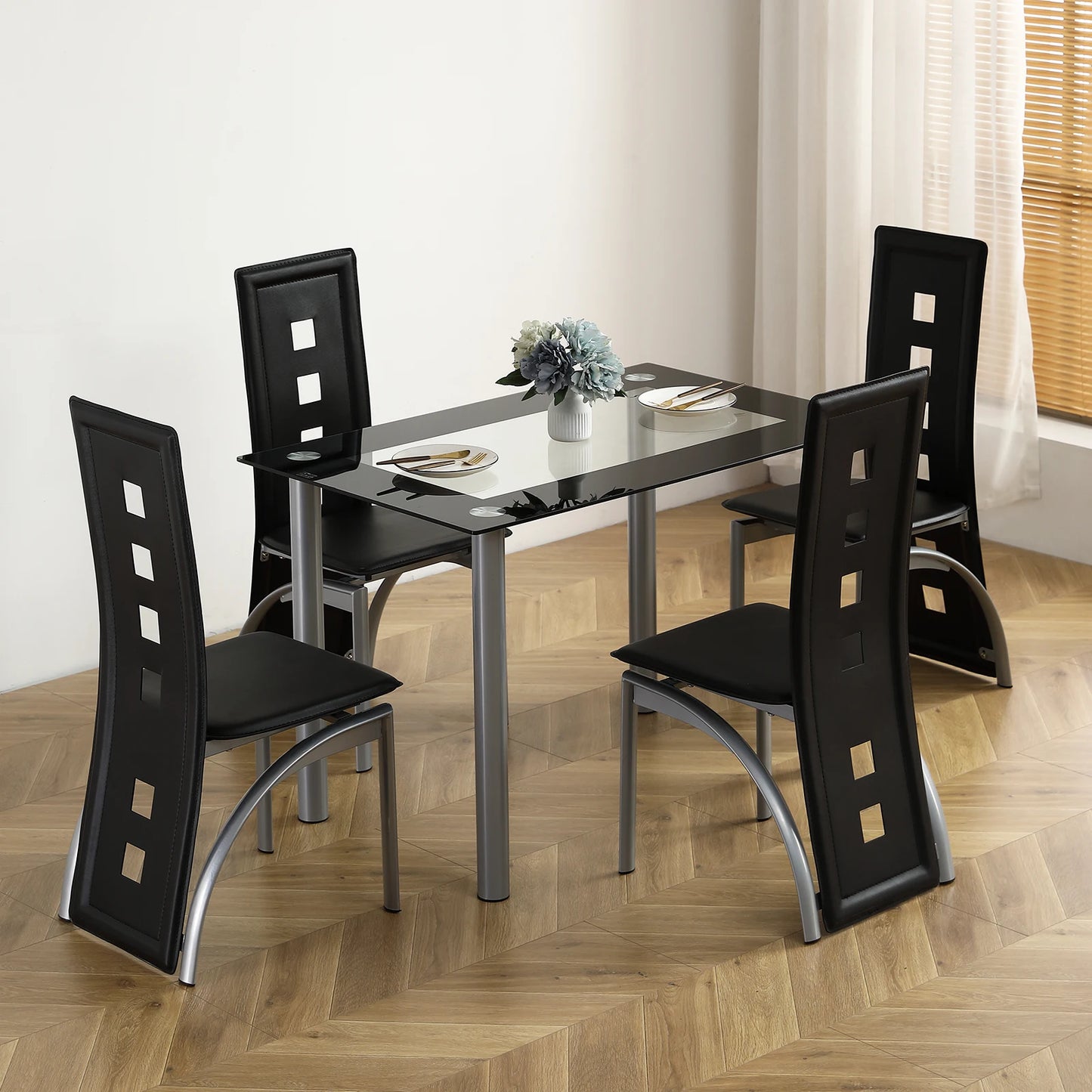 5 Pieces Dining Table Set for 4, Kitchen Room Tempered Glass