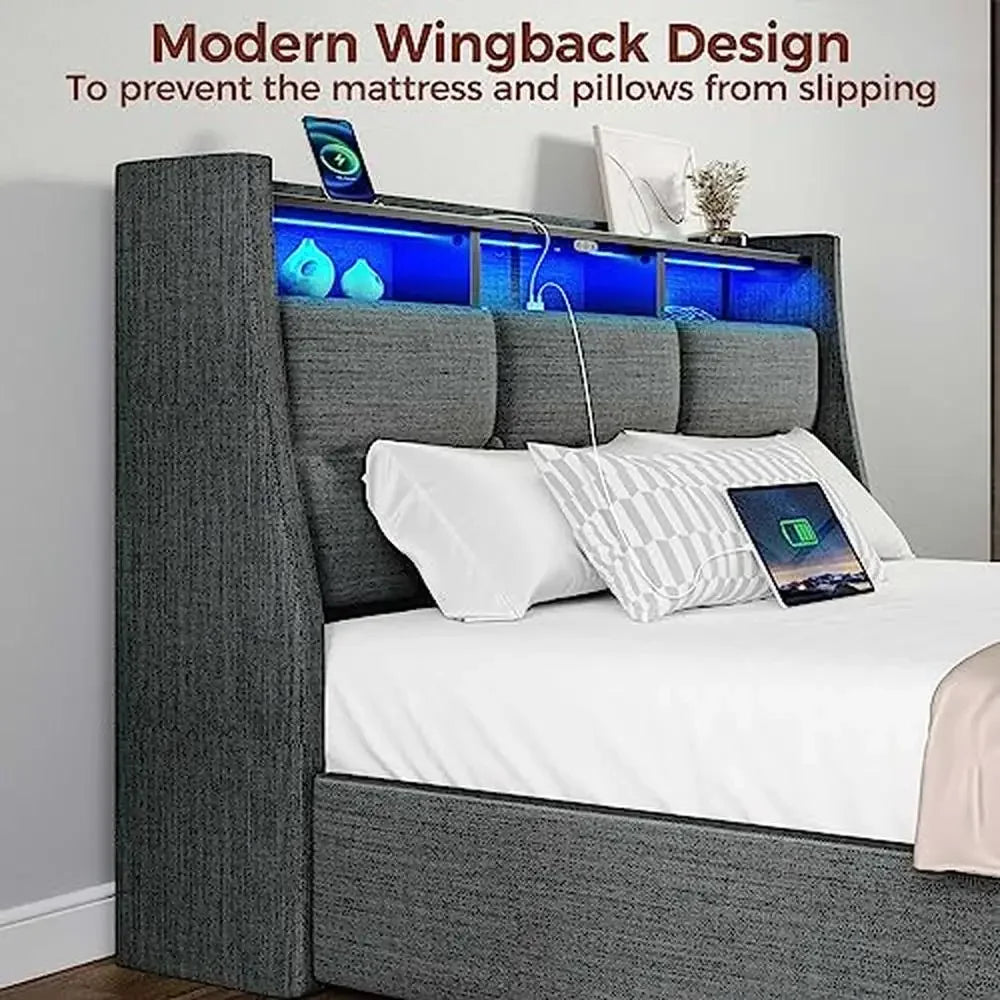 Twin Size LED Light Bed Frame with Upholstered Headboard & Drawers