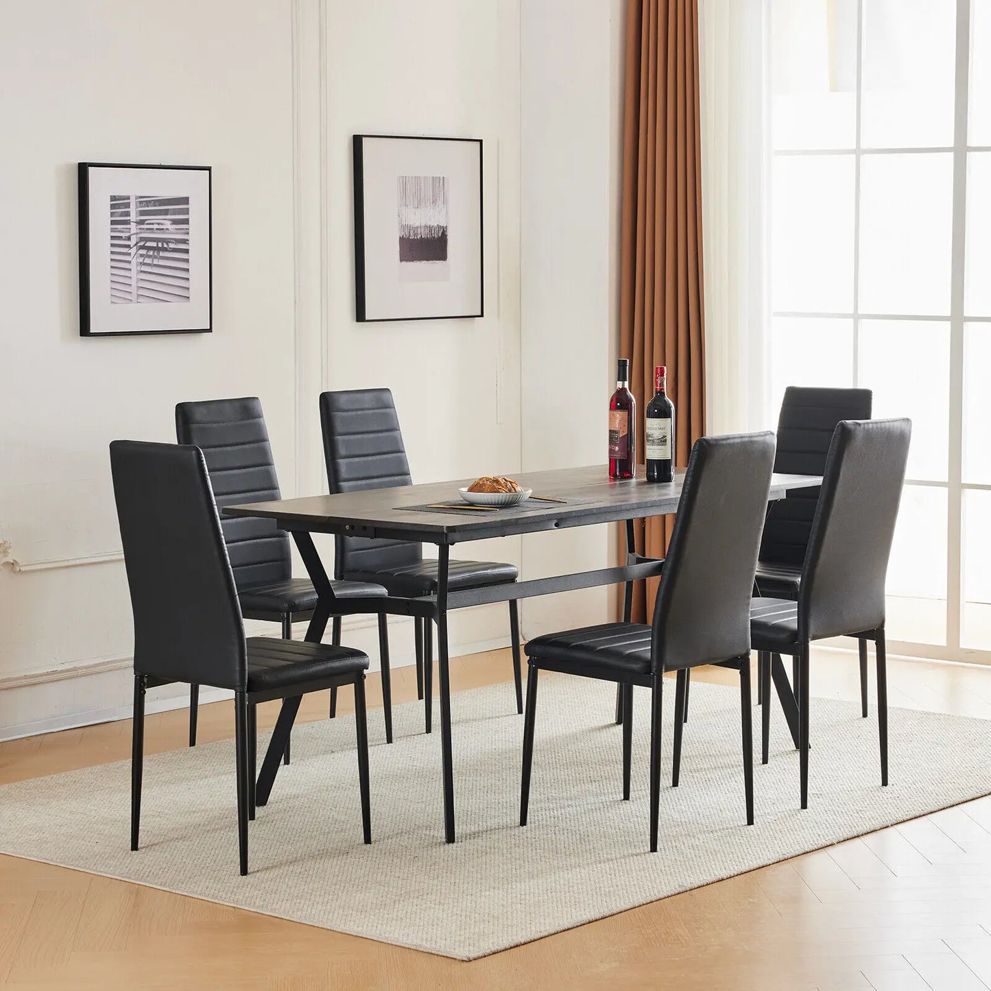 Dining Set Modern Wood Top Table & 6 Chairs