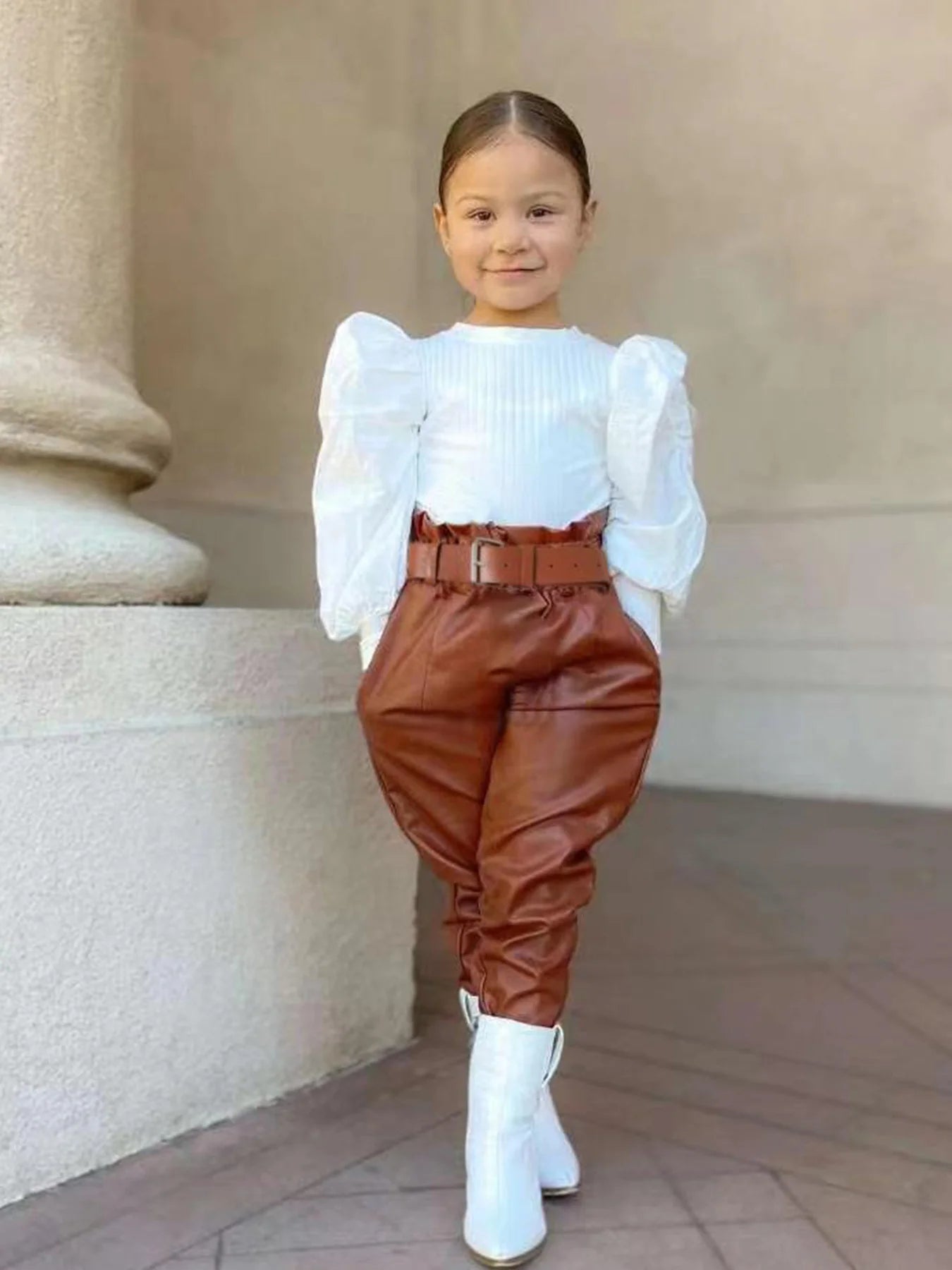 Casual Outfit Set Long Sleeve Ruffled Blouse + Brown Belted Pants + White Ankle Boots