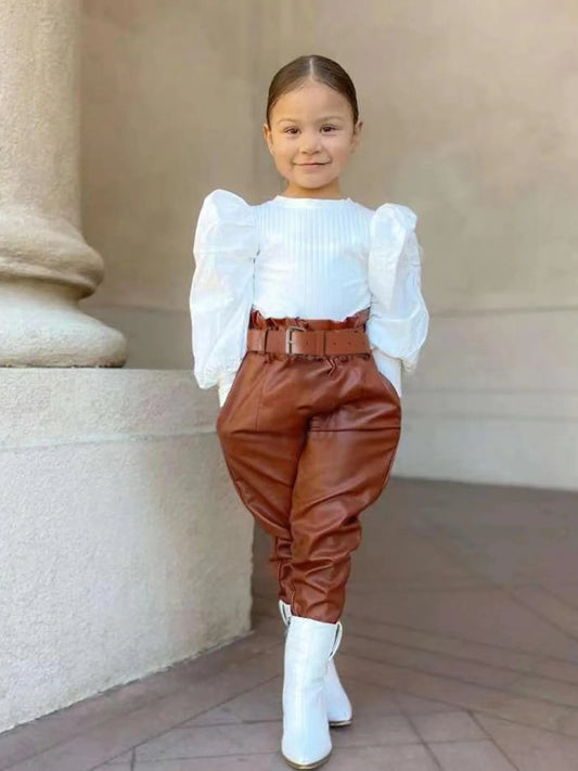 Casual Outfit Set Long Sleeve Ruffled Blouse + Brown Belted Pants + White Ankle Boots