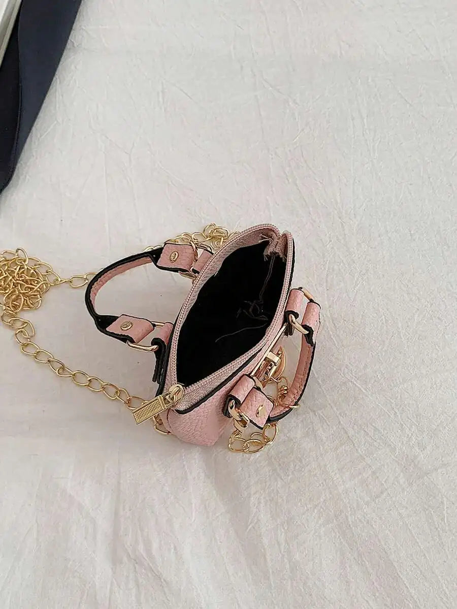 Mini Top-Handle Handbag with Gold Chain Strap and Lock Charm