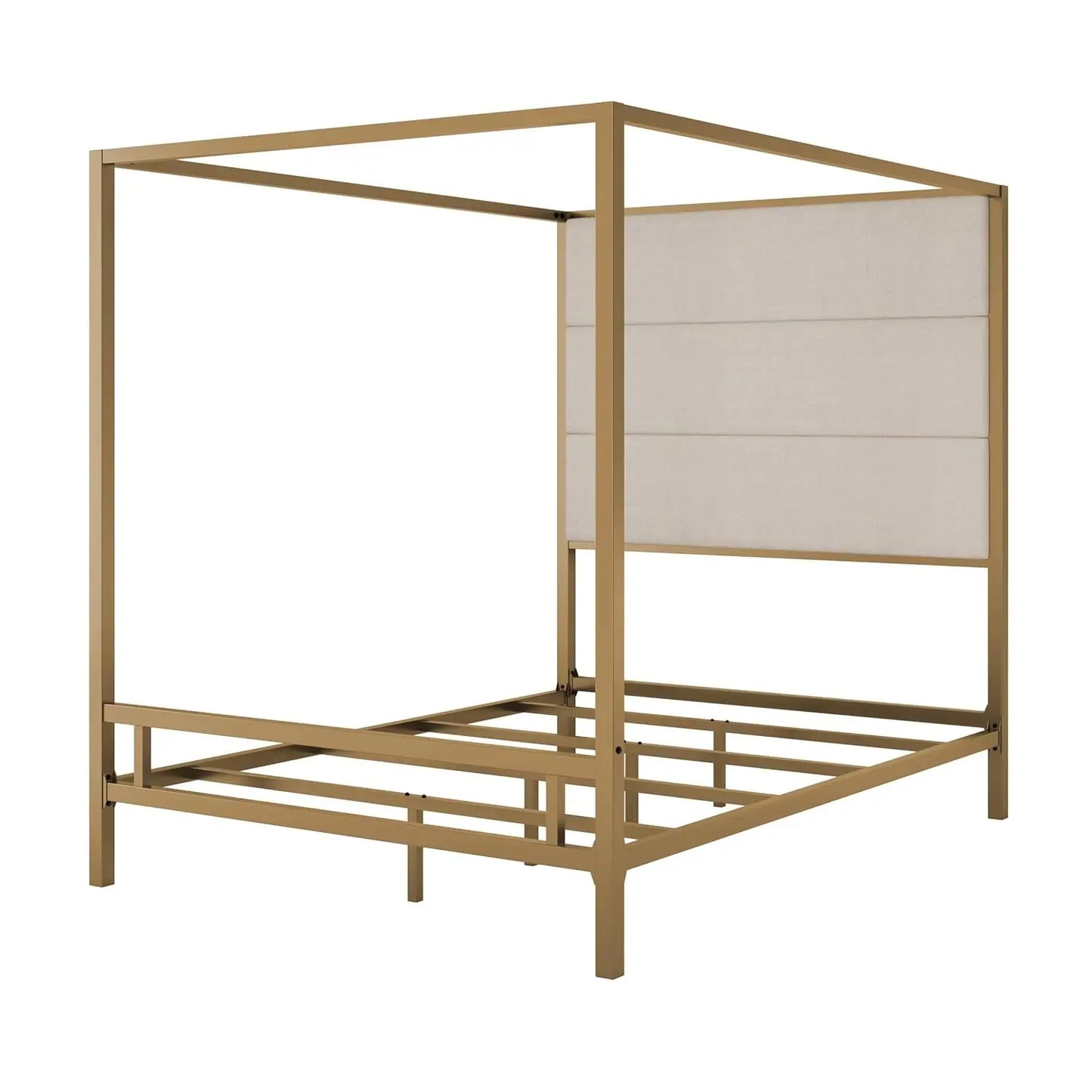 Modern Gold Canopy Bed with Tall Linen Fabric Upholstered Headboard