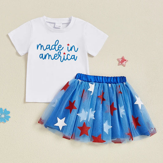 Short Sleeve Top Star Print Skirt 2Pcs Set