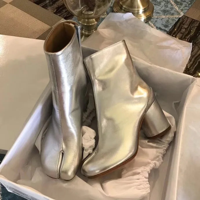 Fashion Split Toe Genuine Leather Round Heel Boots