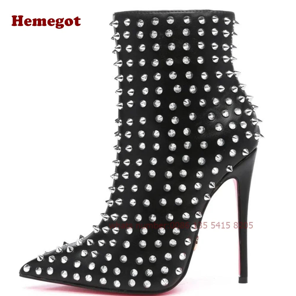 Black Rivet Pointy Ankle Boots Full-Studded Stiletto Heels