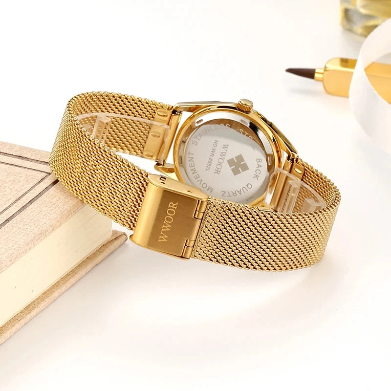 Ladies Dress Gold Watch Elegant Steel Mesh