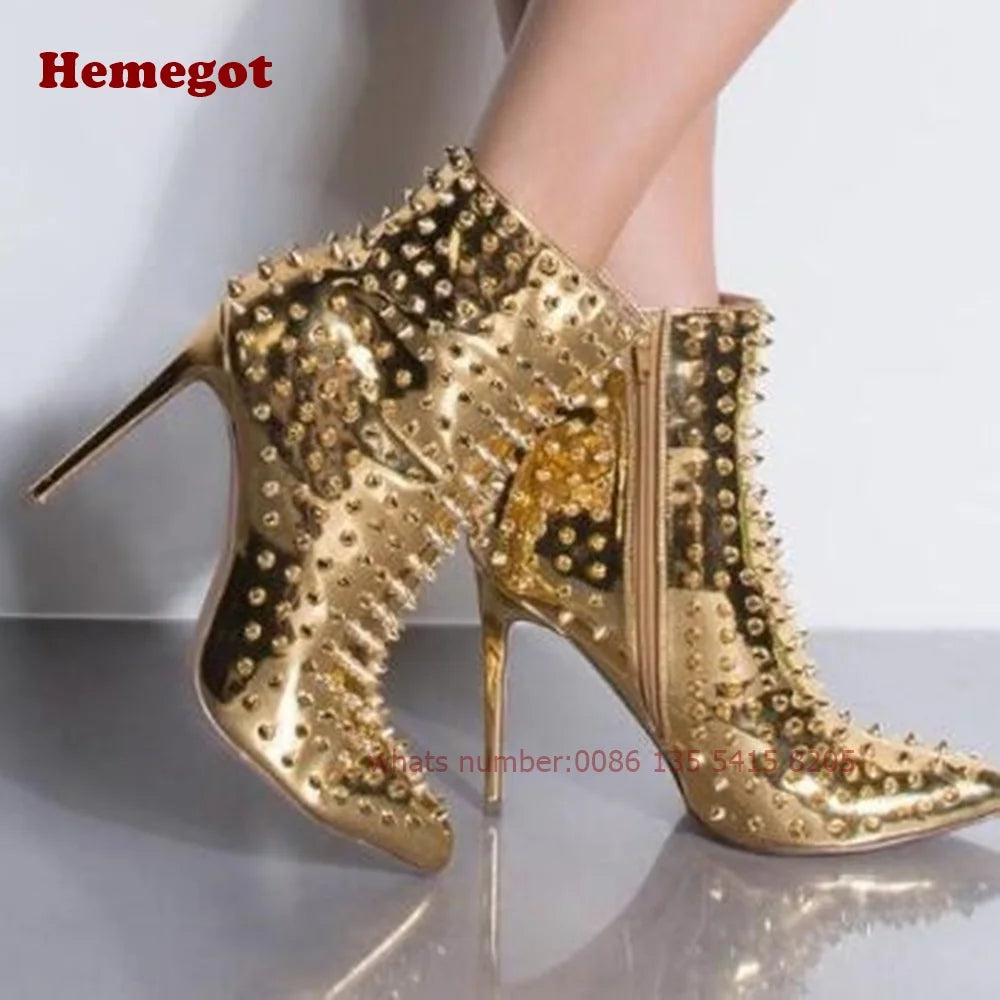 Black Rivet Pointy Ankle Boots Full-Studded Stiletto Heels
