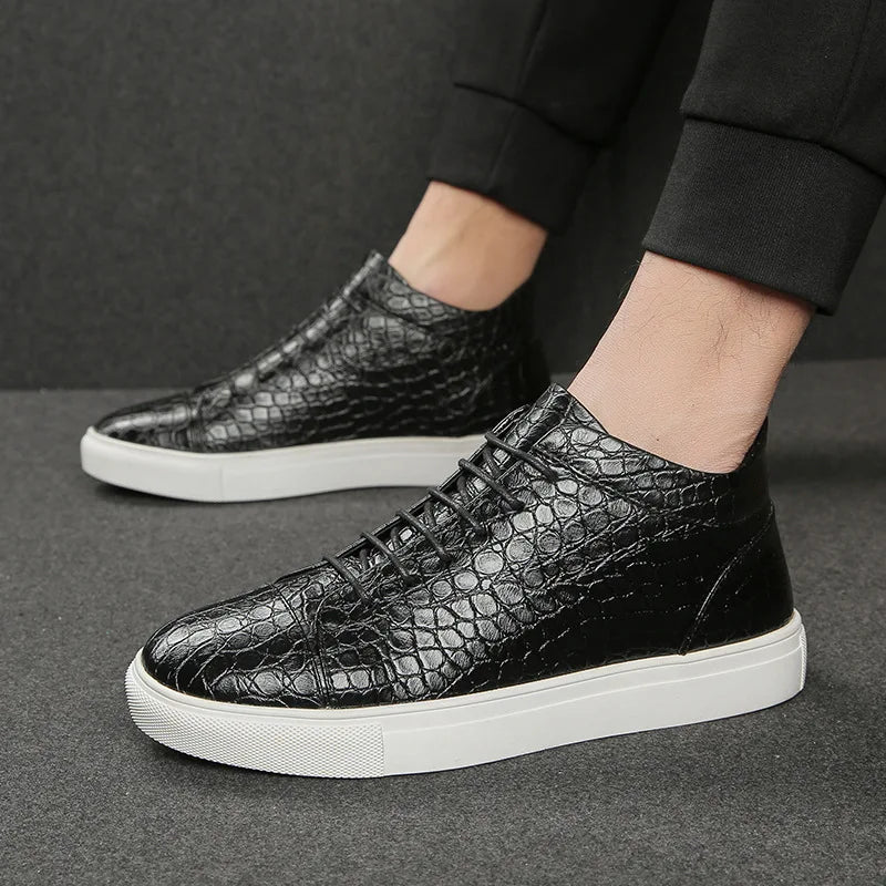 Luxury Retro Brown High Top Lace-up Crocodile Leather Sneakers