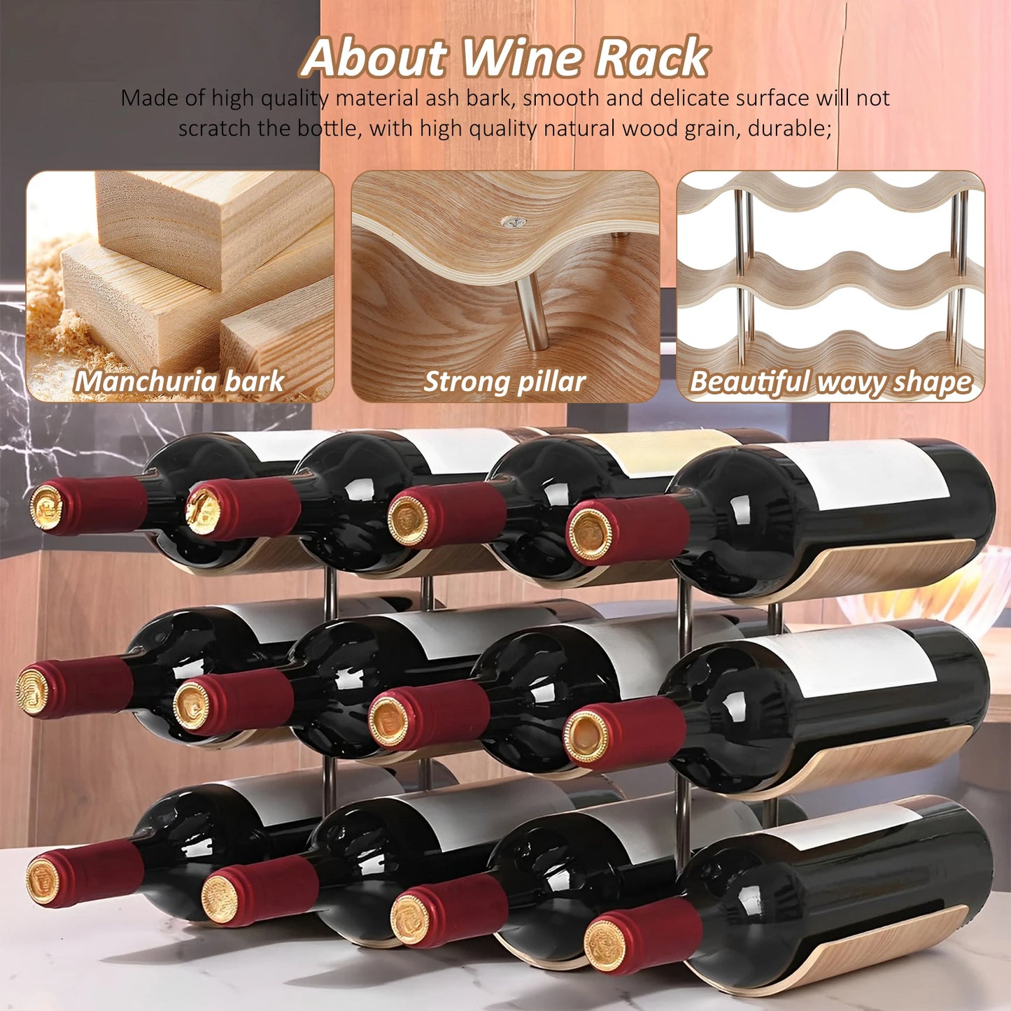 2/3-Tier Wooden Wine Rack Wavy Wine Bottle Organizer