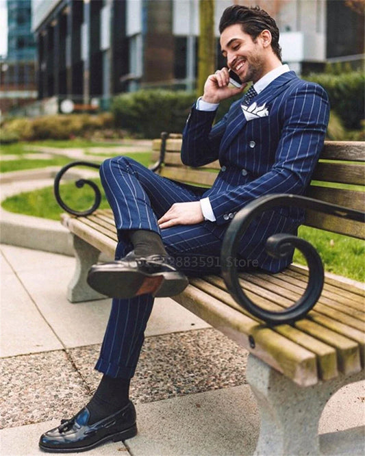 Classic Navy Blue Striped Men's Suits Slim Fit