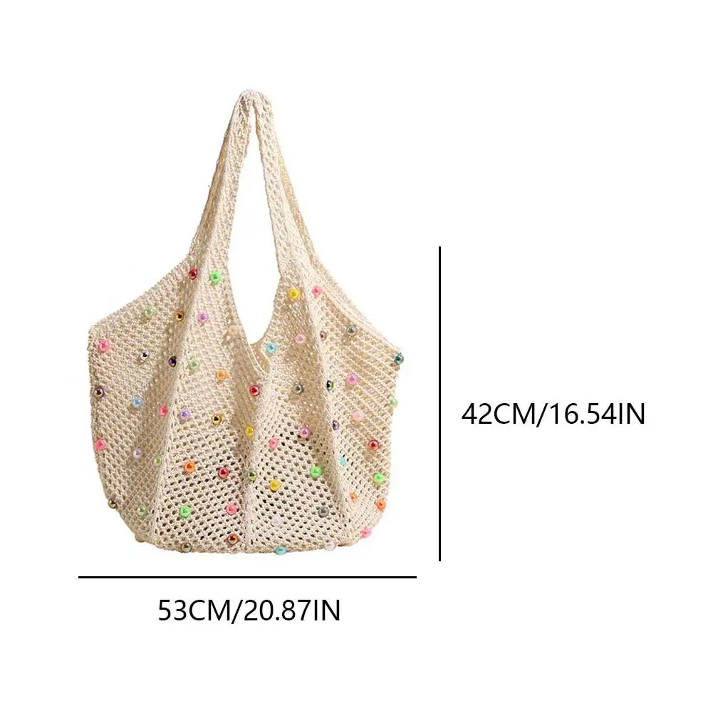 Boho Crochet Bag with Colored Beads Large Capacity