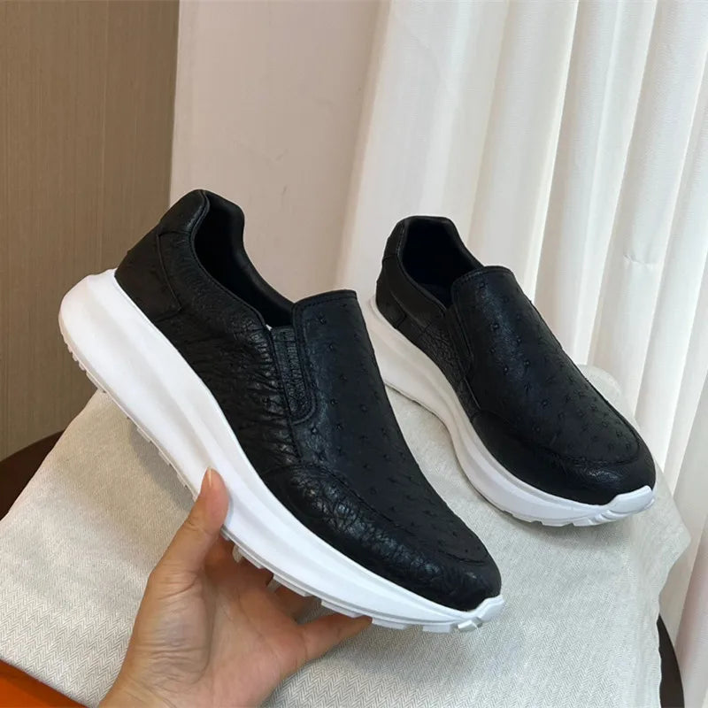 Casual Style Authentic Real Ostrich Skin Men's Black Driving Shoes