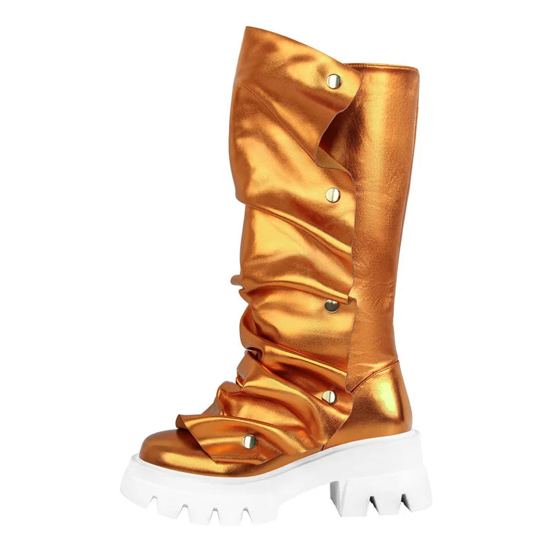 Plaftorm Red Fold Over Boots Block Heel Round Toe