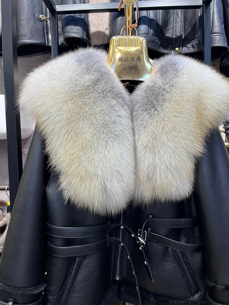 Real Fox Fur Collar Natural Merino Sheep Fur Genuine Leather Jacket