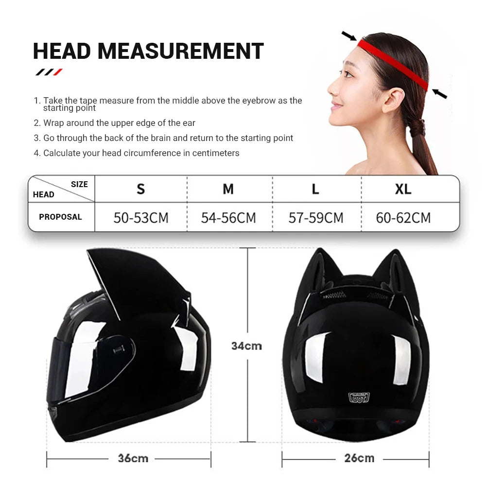 HNJ Motorcycle Helmet Full Face Removable Cat Ears