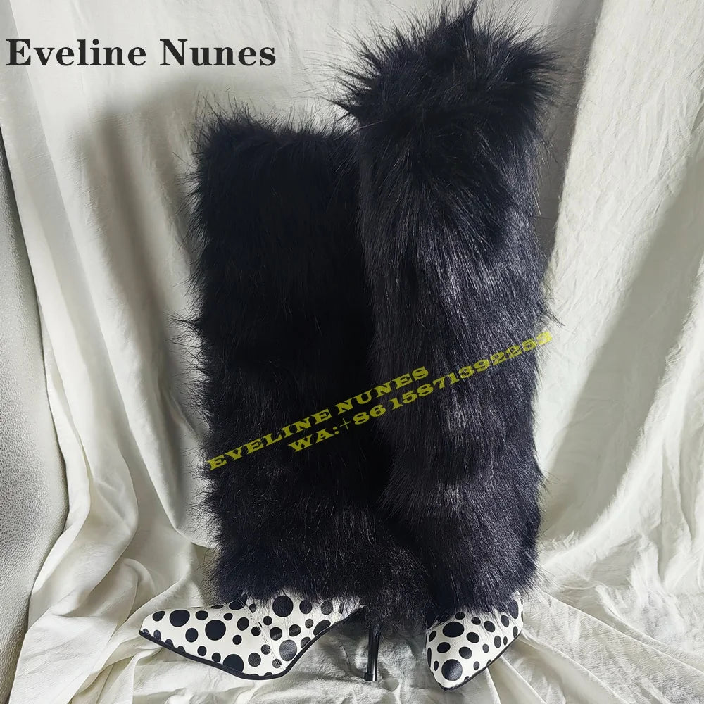 Fur Black Polka Dots Sexy Snow Boots Pointed Toe Thin Heels