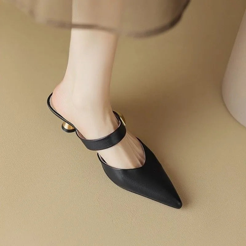 Leather Heeled Slides Sexy Pointed Toe High Quality
