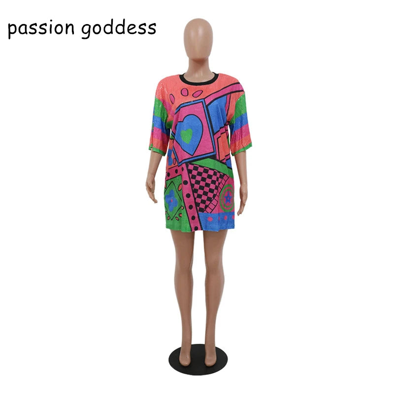 Casual Loose Letter Print Sequins Mini Dress