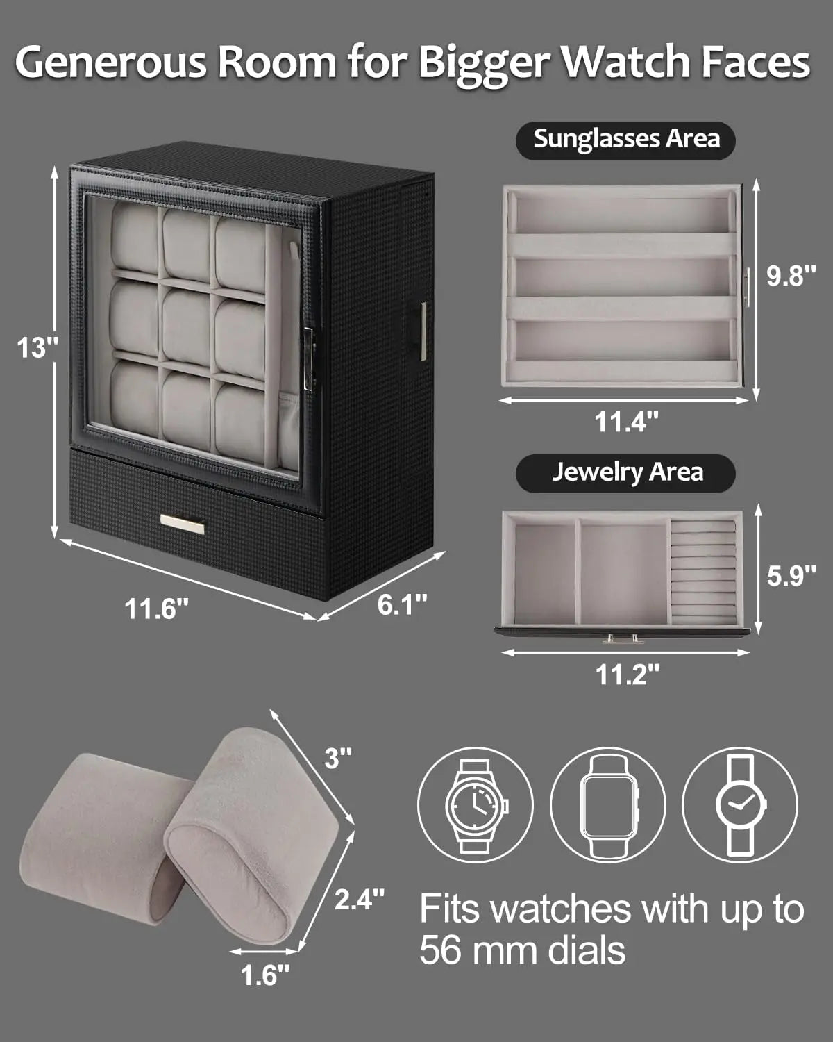 9-Slot Leather Watch Box with Glass Lid and Drawer