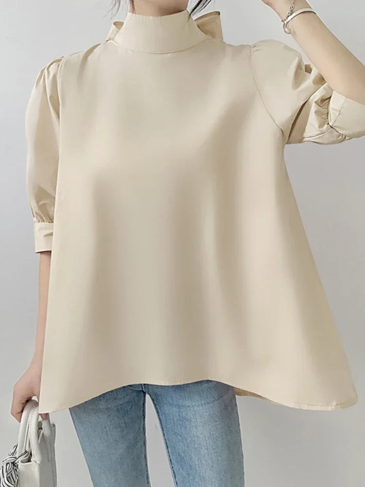 Lantern Sleeve Women Blouses Solid Bow Japan Style