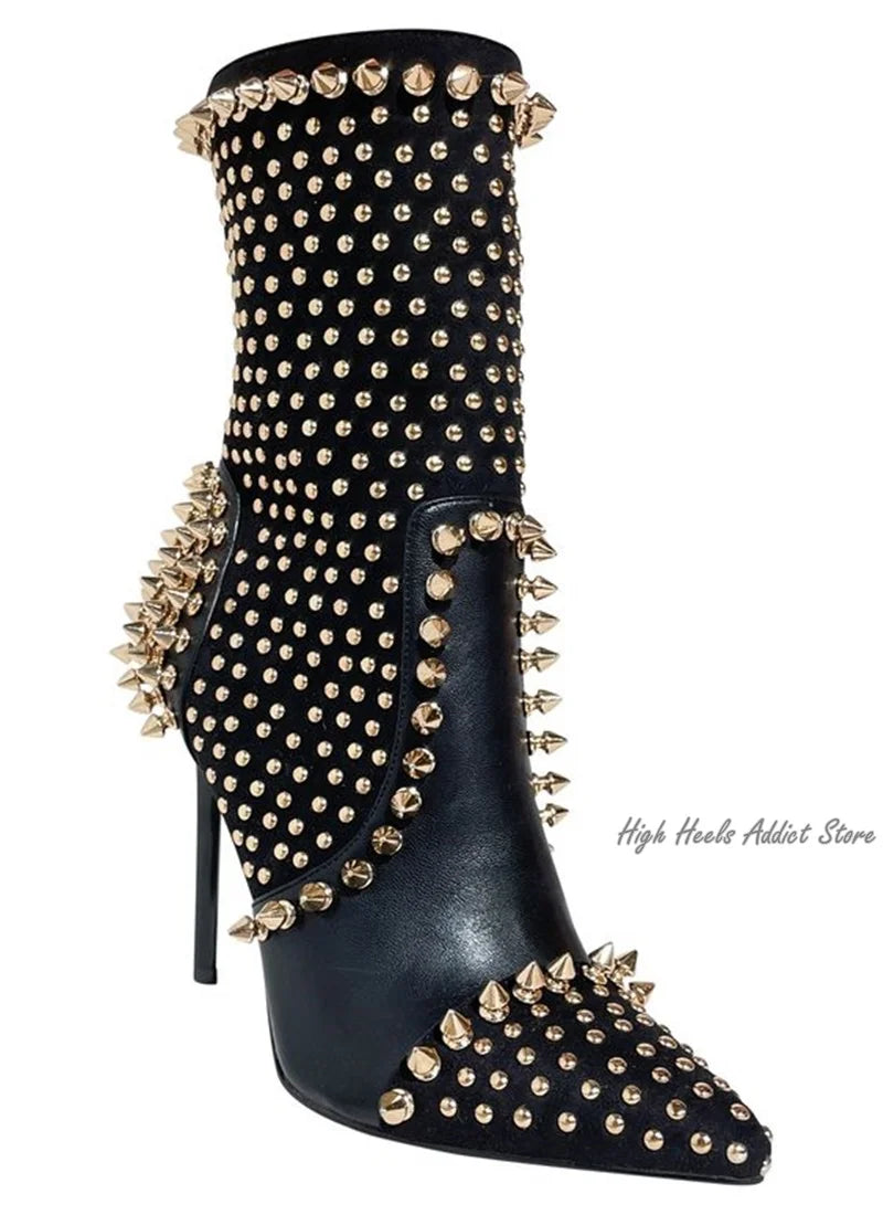 Black Sexy Full Stud High Heels Leather Booties